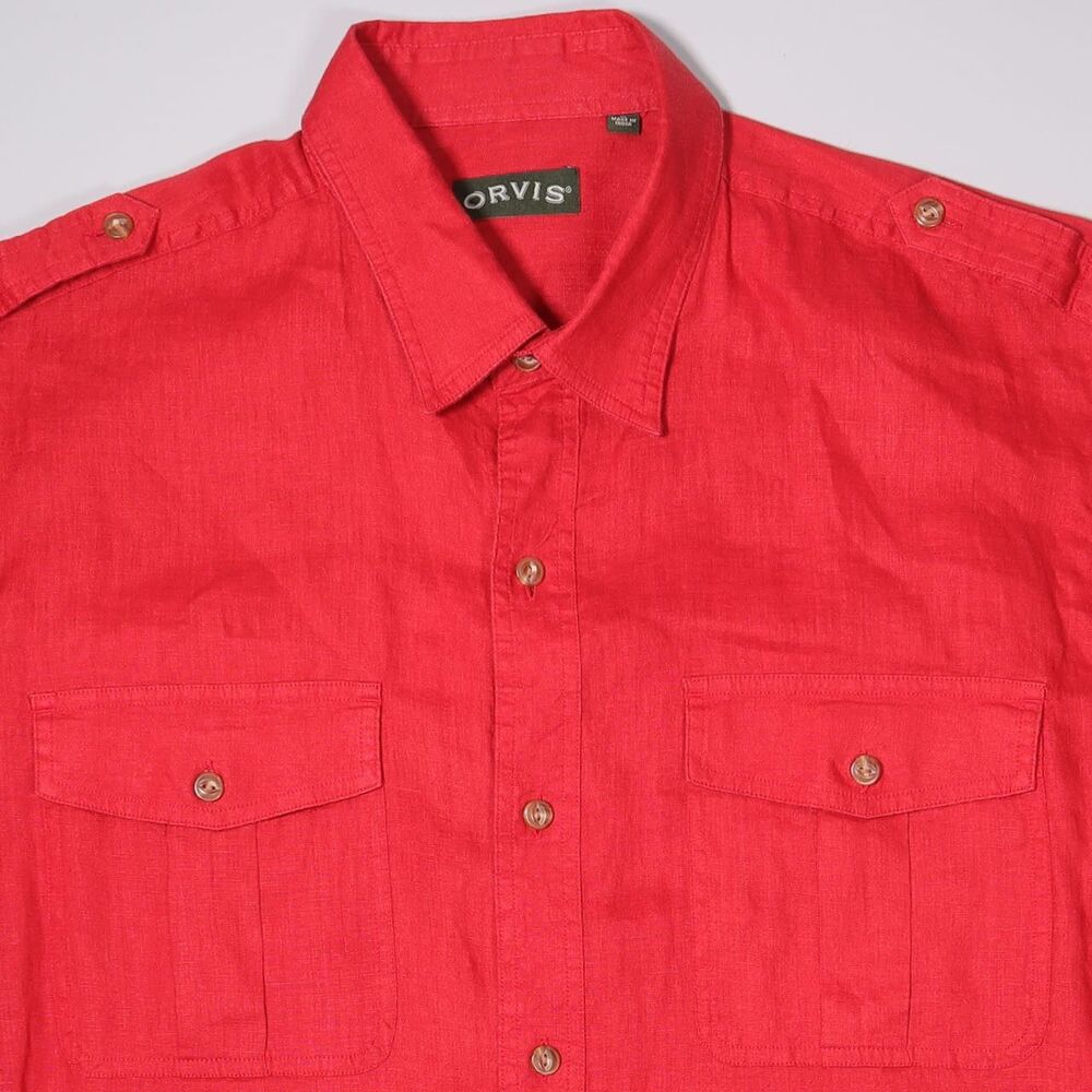 Orvis Standard Issue Bush Safari Shirt Short Sleeve Linen Red Mens XL